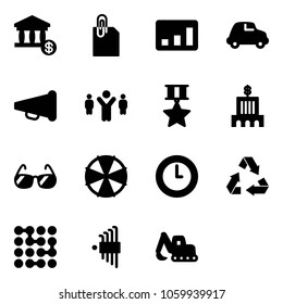 Solid vector icon set - account vector, attachment, statistics, car, speaker horn, team leader, star medal, bank building, sunglasses, parasol, clock, recycling, circuit, allen key set