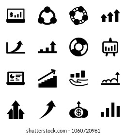 Solid vector icon set - account statistics vector, social, friends, arrows up, growth arrow, circle chart, presentation, monitor, dollar