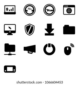 Solid vector icon set - account statistics vector, limited distance road sign, no cart horse, browser globe, monitor cursor, shield, download, folder, network, loudspeaker, standby, mouse wireless