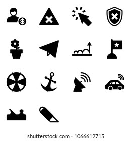 Solid vector icon set - account vector, railway intersection road sign, cursor, shield cross, flower pot, paper fly, growth, flag, parasol, anchor, satellite antenna, car wireless, jointer