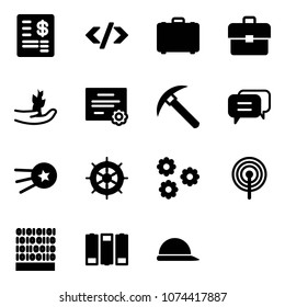Solid vector icon set - account statement vector, tag code, case, portfolio, hand sproute, certificate, rock axe, dialog, first satellite, wheel, flower, antenna, binary, battery