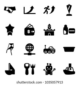 Solid vector icon set - agreement vector, growth arrow, career, pennant, star medal, finance management, sand fort, uv cream, kite, globe, moon rover, basin, sailboat toy, shovel fork, robot, boat