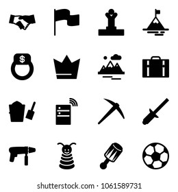 Solid vector icon set - agreement vector, flag, winner, mountain, finger ring, crown, mountains, suitcase, bucket scoop, server wireless, axe, clinch, drill machine, pyramid toy, beanbag