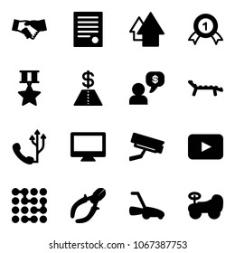 Solid vector icon set - agreement vector, arrow up, gold medal, star, dollar, money dialog, lounger, phone, monitor, surveillance camera, playback, circuit, side cutters, lawn mower, baby car