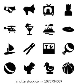 Solid vector icon set - agreement vector, megaphone, tv news, king, helicopter, drink, mountains, woman hat, windsurfing, bolt cutter, tool box, beanbag, ball, dinosaur toy, duck, basketball
