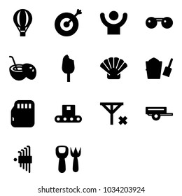 Solid vector icon set - air balloon vector, target, success, sunglasses, coconut cocktail, ice cream, shell, bucket scoop, micro flash card, conveyor, no signal, trailer, allen key set