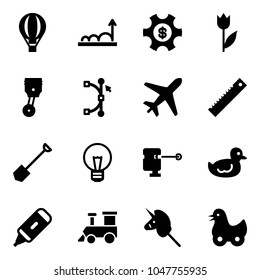 Solid vector icon set - air balloon vector, growth, money managemet, tulip, piston, bezier, plane, ruler, shovel, bulb, laser lever, duck toy, marker, train, unicorn stick