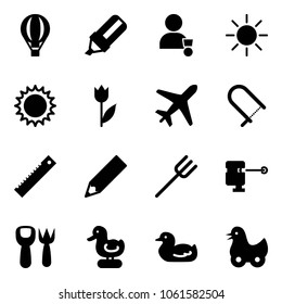 Solid vector icon set - air balloon vector, highlight marker, winner, sun, tulip, plane, fretsaw, ruler, pencil, farm fork, laser lever, shovel toy, duck