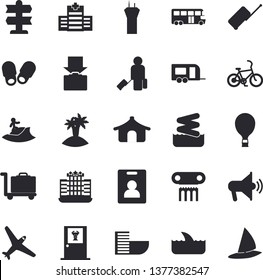 Solid vector icon set - aircraft flat fector, trailer, bus, antique column, indentity card, airport tower, bicycle, balloon, luggage, tent, hotel first line, get, island, surfing, doctor's office