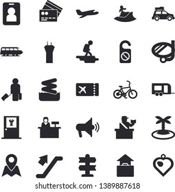 Solid vector icon set - aircraft flat fector, train, car, trailer, escalator, airport tower, hike, bicycle, luggage, passport control, ticket, credit card, hand, island, surfing, swimming mask, pass