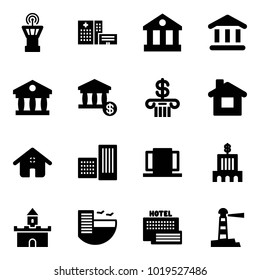 Solid vector icon set - airport tower vector, hospital building, bank, account, home, doors, sand fort, hotel, sea, lighthouse