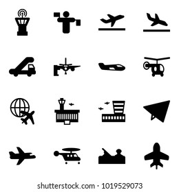 Solid vector icon set - airport tower vector, traffic controller, departure, arrival, trap truck, boarding passengers, small plane, helicopter, globe, building, paper fly, jointer, toy