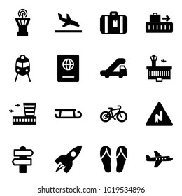 Solid vector icon set - airport tower vector, arrival, suitcase, baggage, train, passport, trap truck, building, sleigh, bike, abrupt turn right road sign, signpost, rocket, flip flops, plane
