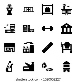 Solid vector icon set - airport tower vector, automatic doors, baggage room, building, hospital, barbell, bank, store, plant, level, cocncrete mixer, winch, stapler, constructor blocks