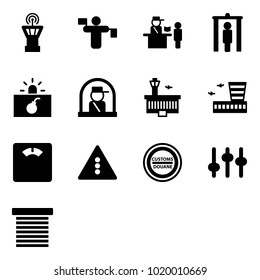 Solid vector icon set - airport tower vector, traffic controller, passport control, metal detector gate, terrorism, officer window, building, floor scales, light road sign, customs, settings