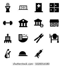 Solid vector icon set - airport tower vector, automatic doors, first aid room, baggage, barbell, bank, account, store, building, hotel, bolt cutter, cocncrete mixer, winch, construction helmet