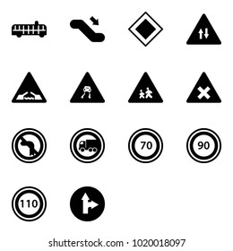 Solid vector icon set - airport bus vector, escalator down, main road sign, oncoming traffic, drawbridge, slippery, children, railway intersection, no left turn, truck, speed limit 70, 90, 110