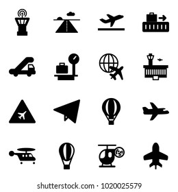 Solid vector icon set - airport tower vector, runway, departure, baggage, trap truck, scales, plane globe, building, road sign, paper fly, air balloon, helicopter, toy