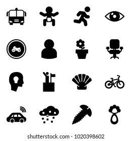 Solid vector icon set - airport bus vector, baby, run, eye, no moto road sign, user, flower pot, office chair, head bulb, win, shell, bike, car wireless, snow, screw, beanbag
