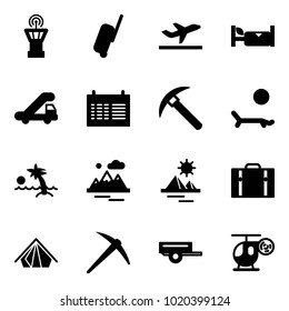 Solid vector icon set - airport tower vector, suitcase, departure, hotel, trap truck, schedule, rock axe, lounger, palm, mountains, pyramid, tent, trailer, helicopter toy