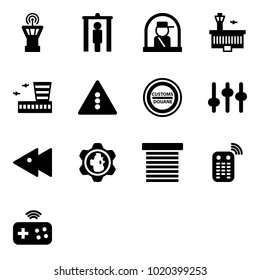 Solid vector icon set - airport tower vector, metal detector gate, officer window, building, traffic light road sign, customs, settings, fast backward, gear globe, jalousie, remote control