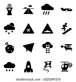 Solid vector icon set - airport tower vector, runway, storm, small plane, snowfall, road sign, artificial unevenness, career, moon flag, paper fly, cloud ladder, helicopter, rain, rocket, kite, toy