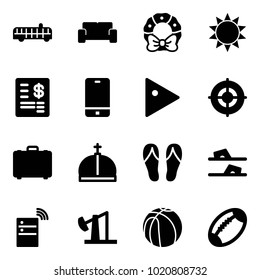 Solid vector icon set - airport bus vector, vip waiting area, christmas wreath, sun, account statement, phone, play, target, case, crown, flip flops, server wireless, oil derrick, basketball