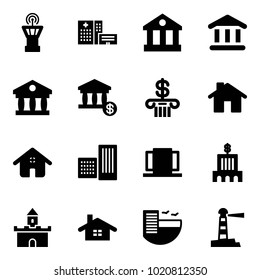 Solid vector icon set - airport tower vector, hospital building, bank, account, home, doors, sand fort, hotel, lighthouse