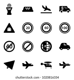 Solid vector icon set - airport tower vector, taxi, arrival, encashment car, tunnel road sign, speed limit 20, 60, 100, end, no parking, globe, paper fly, plane, helicopter