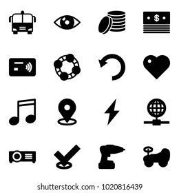 Solid vector icon set - airport bus vector, eye, coin, dollar, tap pay, friends, undo, heart, music, map pin, lightning, globe, projector, check, drill, baby car