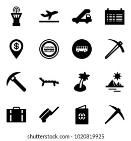 Solid vector icon set - airport tower vector, departure, trap truck, schedule, dollar pin, customs road sign, bus, job, rock axe, lounger, palm, pyramid, suitcase, passport
