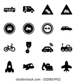 Solid vector icon set - airport bus vector, encashment car, multi lane traffic road sign, for moto, no, overtake, limousine, bike, piston, wireless, moon rover, rocket, plane toy, excavator