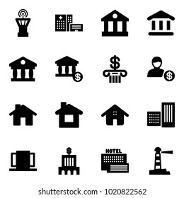 Solid vector icon set - airport tower vector, hospital building, bank, account, home, doors, sea hotel, lighthouse