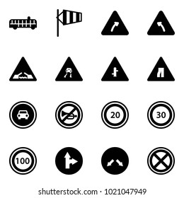 Solid vector icon set - airport bus vector, side wind, turn right road sign, left, drawbridge, slippery, intersection, narrows, no car, horn, speed limit 20, 30, 100, only forward, detour, stop