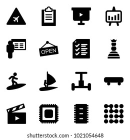 Solid vector icon set - airport vector road sign, clipboard, presentation board, chart, open, list, chess queen, surfing, windsurfing, gyroscope, skateboard, movie flap, cpu, chip, circuit