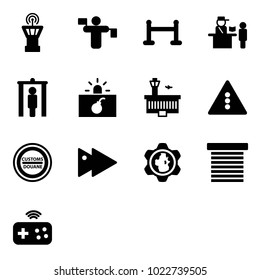 Solid vector icon set - airport tower vector, traffic controller, vip zone, passport control, metal detector gate, terrorism, building, light road sign, customs, fast forward, gear globe, jalousie