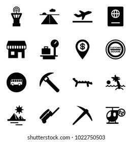 Solid vector icon set - airport tower vector, runway, departure, passport, duty free, baggage scales, dollar pin, customs road sign, bus, rock axe, lounger, palm, pyramid, suitcase, helicopter toy