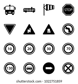 Solid vector icon set - airport bus vector, side wind, stop road sign, giving way, abrupt turn right, narrows, no left, speed limit 10, 20, 30, 70, 130, only