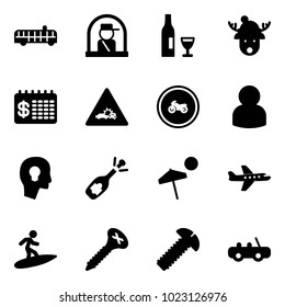 Solid vector icon set - airport bus vector, officer window, wine, christmas deer hat, finance calendar, car crash road sign, no moto, user, head bulb, fizz opening, beach, plane, surfing, screw, toy