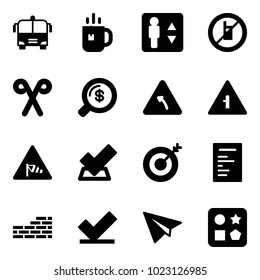 Solid vector icon set - airport bus vector, tea, elevator, no mobile sign, santa stick, money search, turn left road, intersection, side wind, check, target, document, brick wall, paper plane