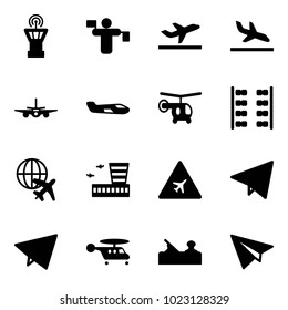 Solid vector icon set - airport tower vector, traffic controller, departure, arrival, plane, small, helicopter, seats, globe, building, road sign, paper fly, jointer
