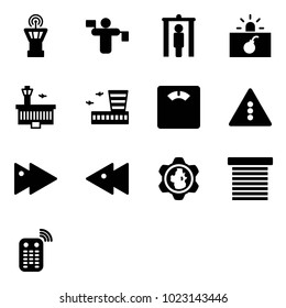 Solid vector icon set - airport tower vector, traffic controller, metal detector gate, terrorism, building, floor scales, light road sign, fast forward, backward, gear globe, jalousie