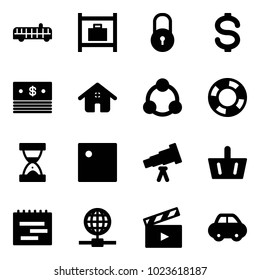 Solid vector icon set - airport bus vector, baggage room, lock, dollar, home, social, lifebuoy, sand clock, telescope, basket, terms plan, globe, movie flap, car
