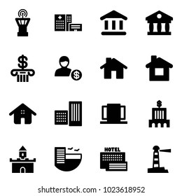Solid vector icon set - airport tower vector, hospital building, bank, account, home, doors, sand fort, hotel, sea, lighthouse