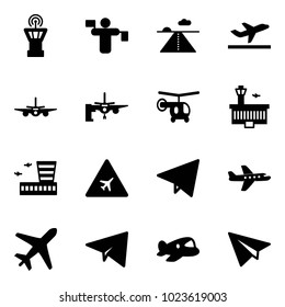 Solid vector icon set - airport tower vector, traffic controller, runway, departure, plane, boarding passengers, helicopter, building, road sign, paper fly, toy