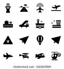 Solid vector icon set - airport tower vector, runway, plane radar, departure, baggage, trap truck, building, road sign, paper, air balloon, fly, helicopter, toy