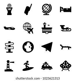 Solid vector icon set - airport tower vector, suitcase, globe, hotel, small plane, building, sleigh, road signpost sign, paper fly, lounger, lighthouse, surfing, car baggage, ufo toy