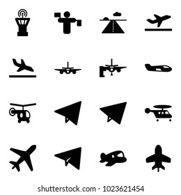 Solid vector icon set - airport tower vector, traffic controller, runway, departure, arrival, plane, boarding passengers, small, helicopter, paper fly, toy