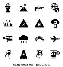 Solid vector icon set - airport tower vector, runway, boarding passengers, plane globe, christmas landscape, road sign, abrupt turn right, cloud ladder, helicopter, rain, rainbow, kite, rocket, toy