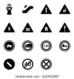 Solid vector icon set - airport tower vector, escalator up, traffic light road sign, wild animals, intersection, railway, narrows, attention, no moto, truck, speed limit 130, overtake, detour, end